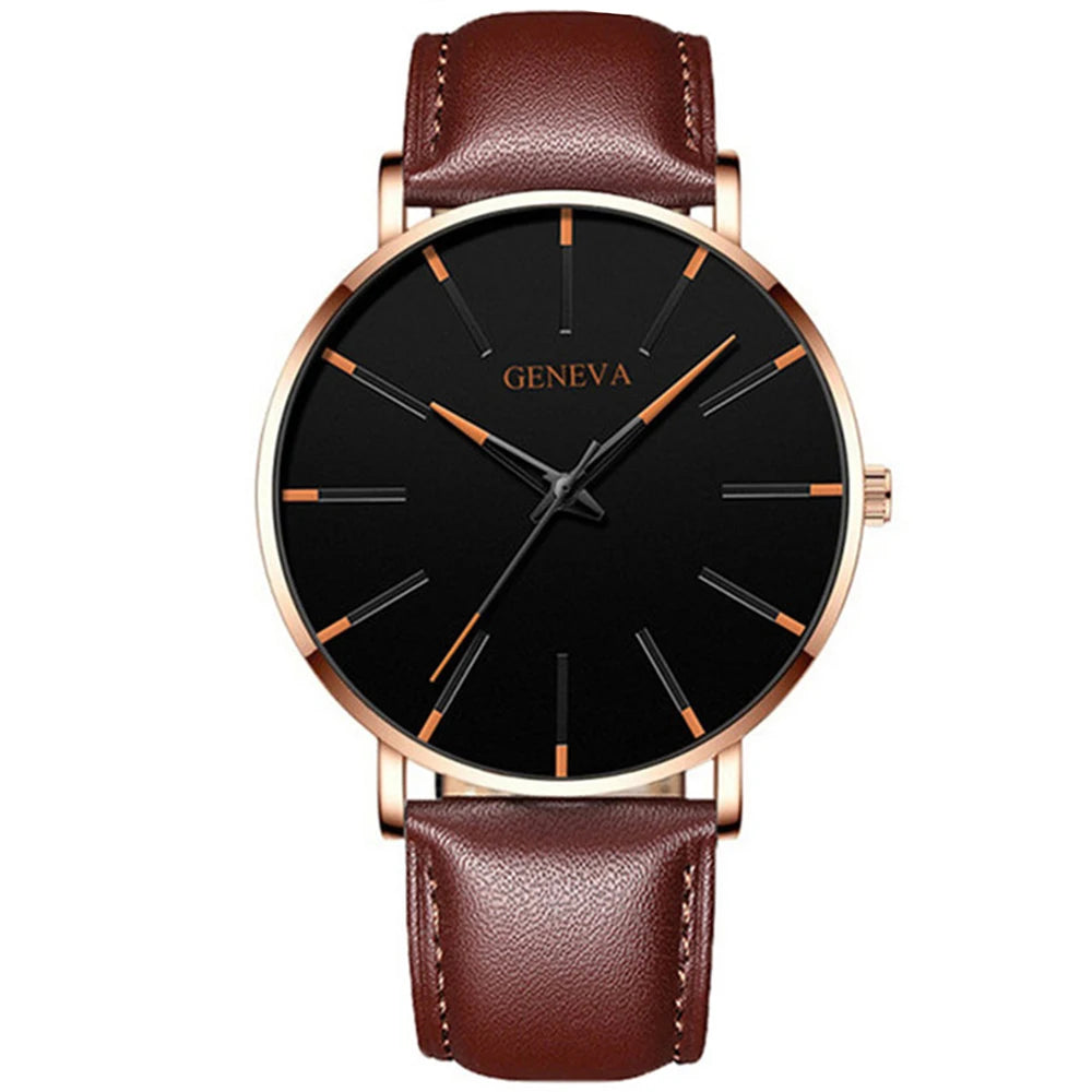 4PCS Men’s Brown Leather Watch & Bracelet Gift Set