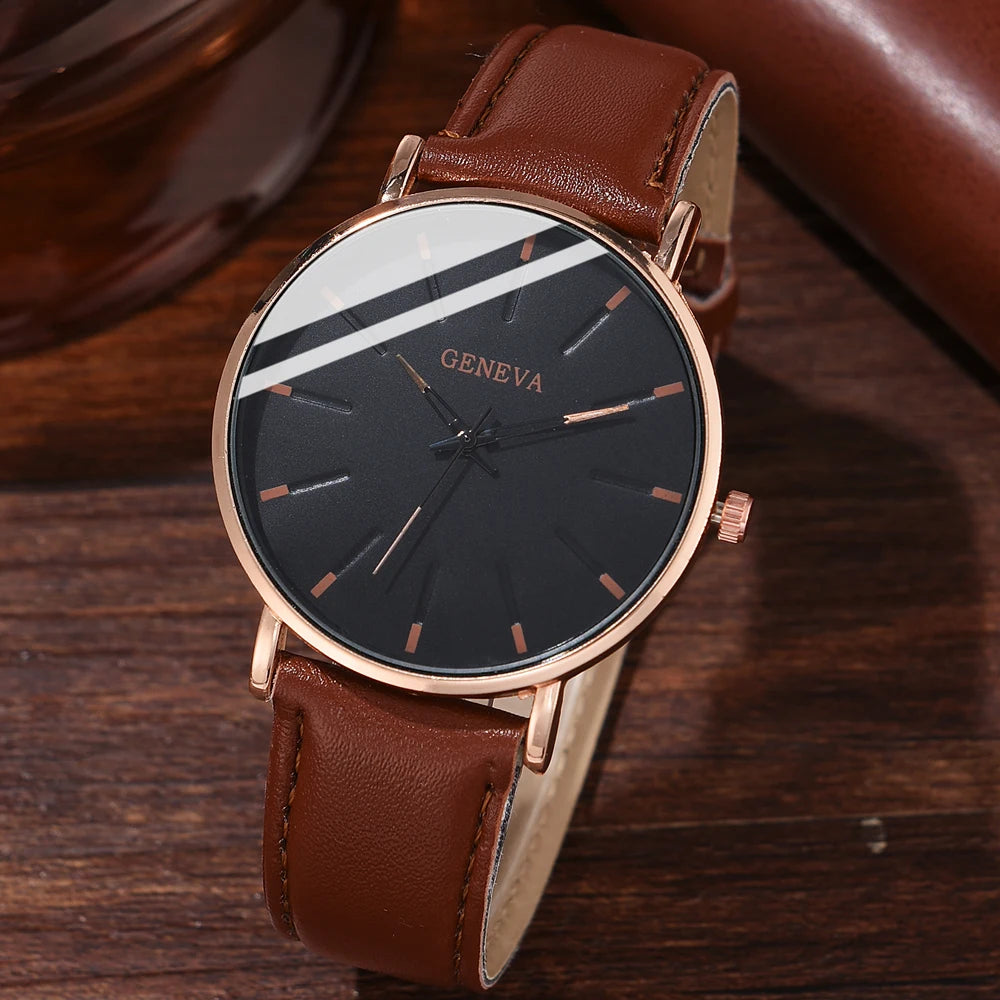 4PCS Men’s Brown Leather Watch & Bracelet Gift Set