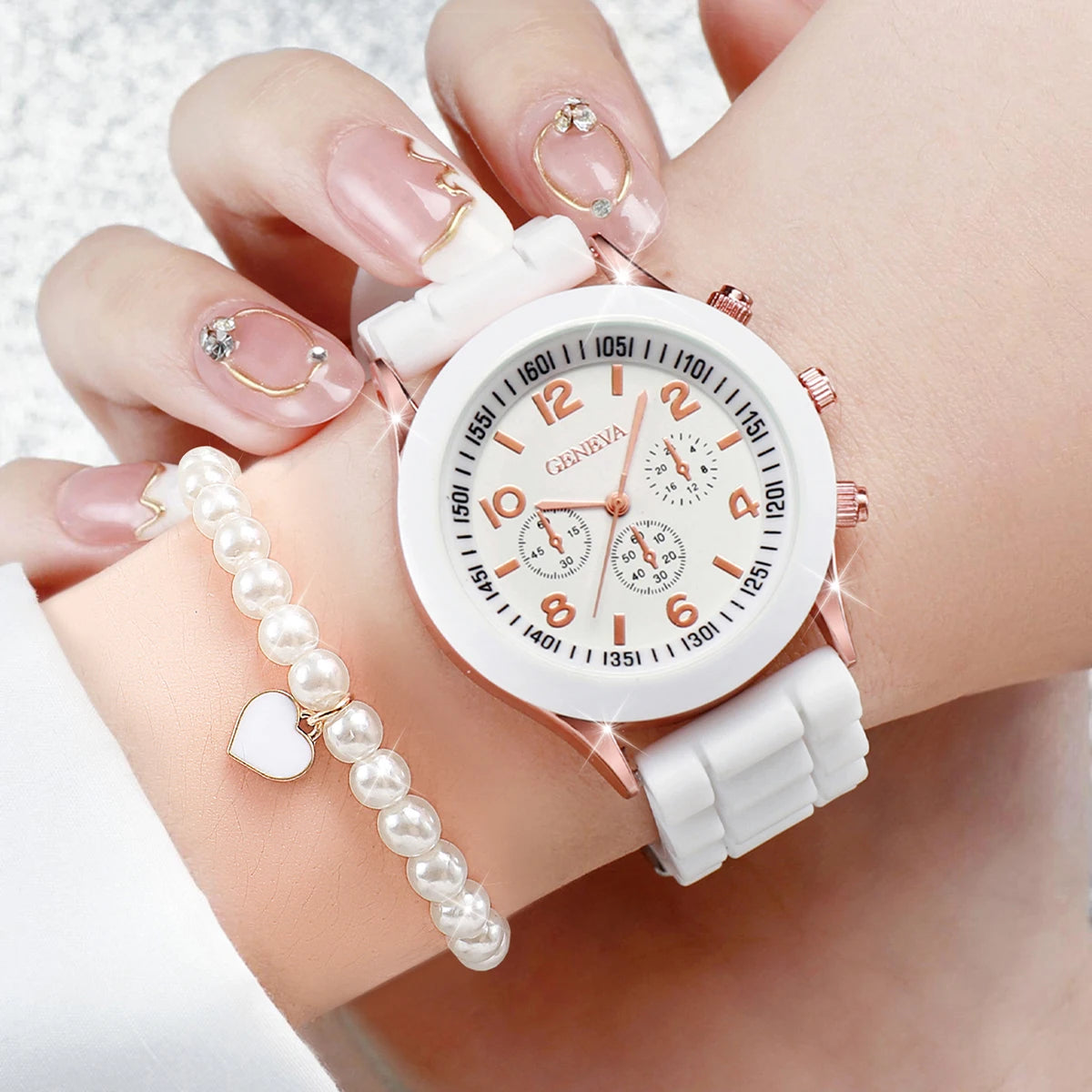 Women's 6PCS Quartz Watch & Heart Pearl Jewelry Set – White Silicone Edition