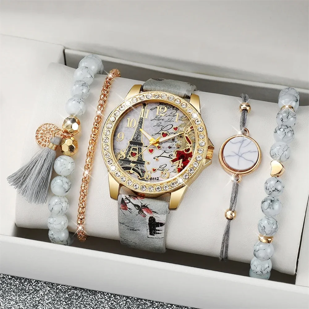 Women's 5PCS Retro Quartz Watch & Beaded Bracelet Set