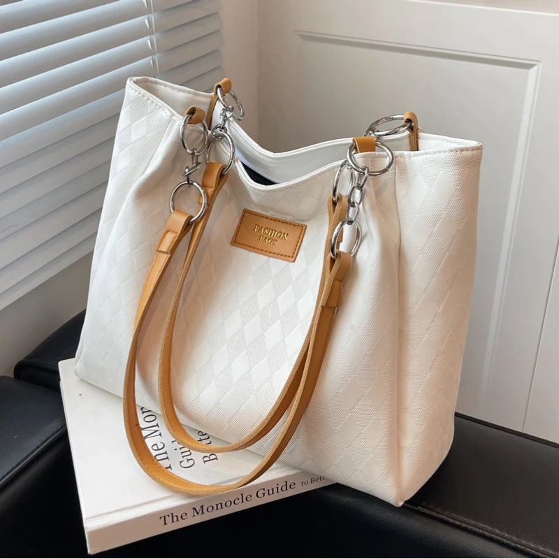 Elegant Contrast-Stitch Tote – Large Capacity Luxe Shoulder Bag