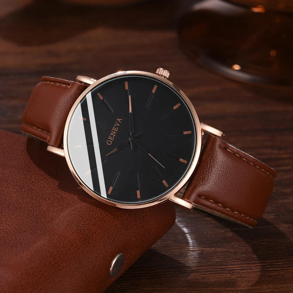 4PCS Men’s Brown Leather Watch & Bracelet Gift Set