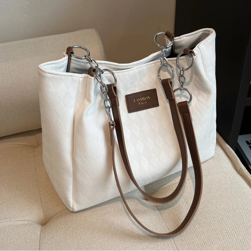 Elegant Contrast-Stitch Tote – Large Capacity Luxe Shoulder Bag