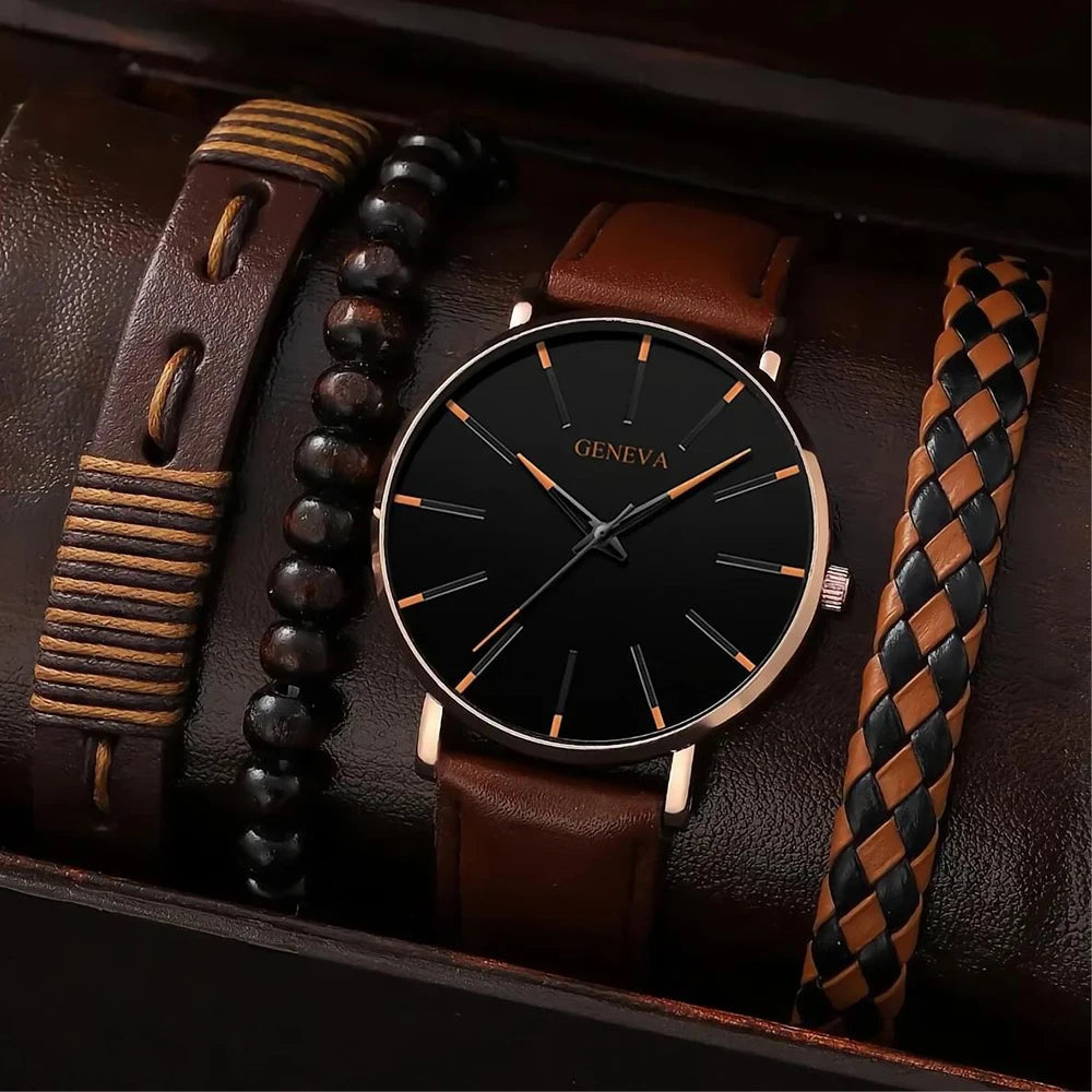 4PCS Men’s Brown Leather Watch & Bracelet Gift Set