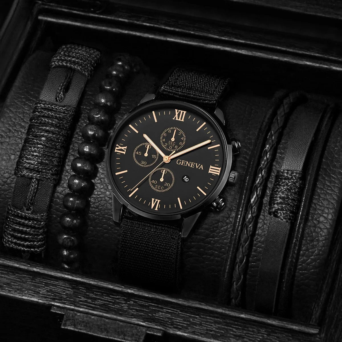 Men’s Nylon Strap Watch & Bracelet Set – 4/5PCS