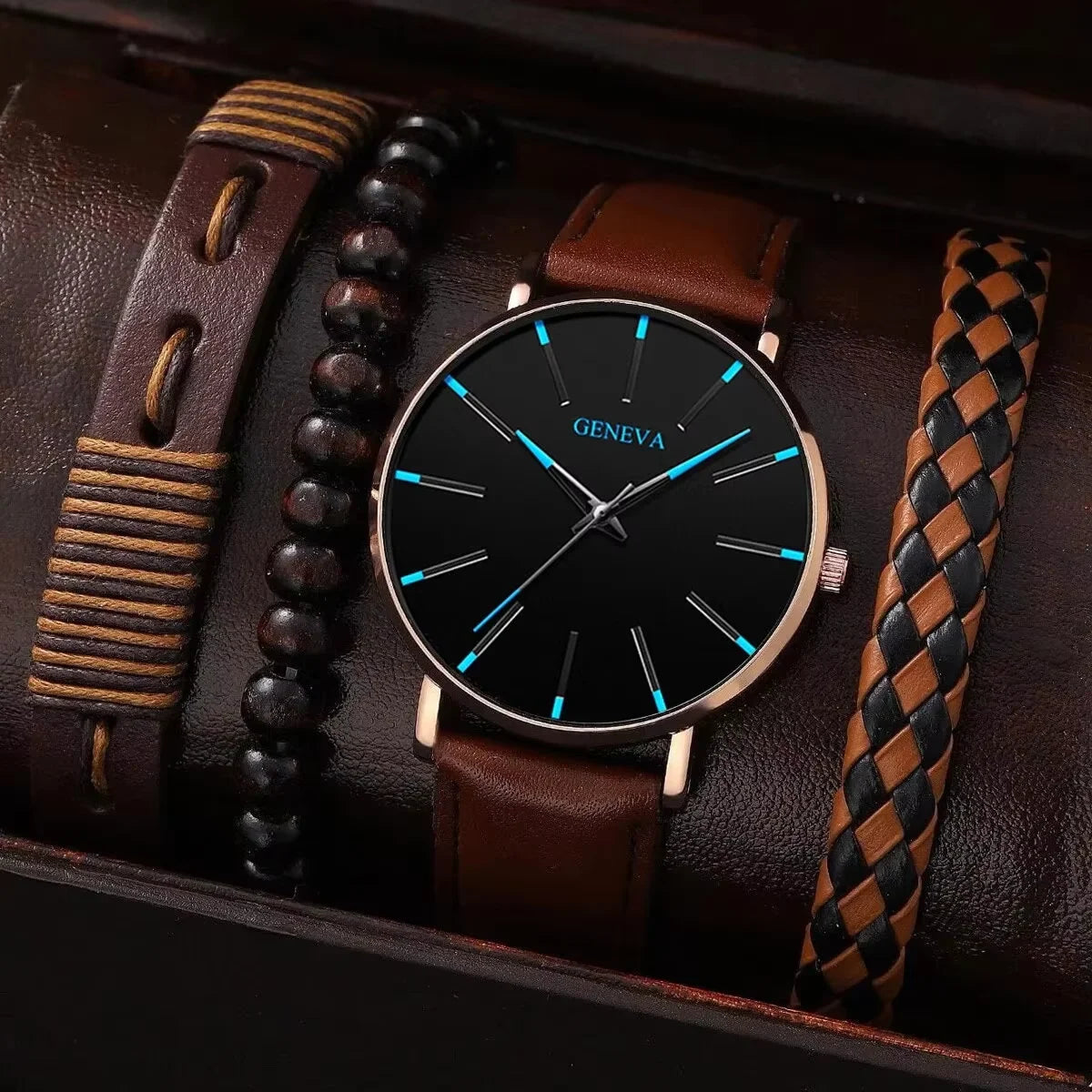 4PCS Men’s Brown Leather Watch & Bracelet Gift Set