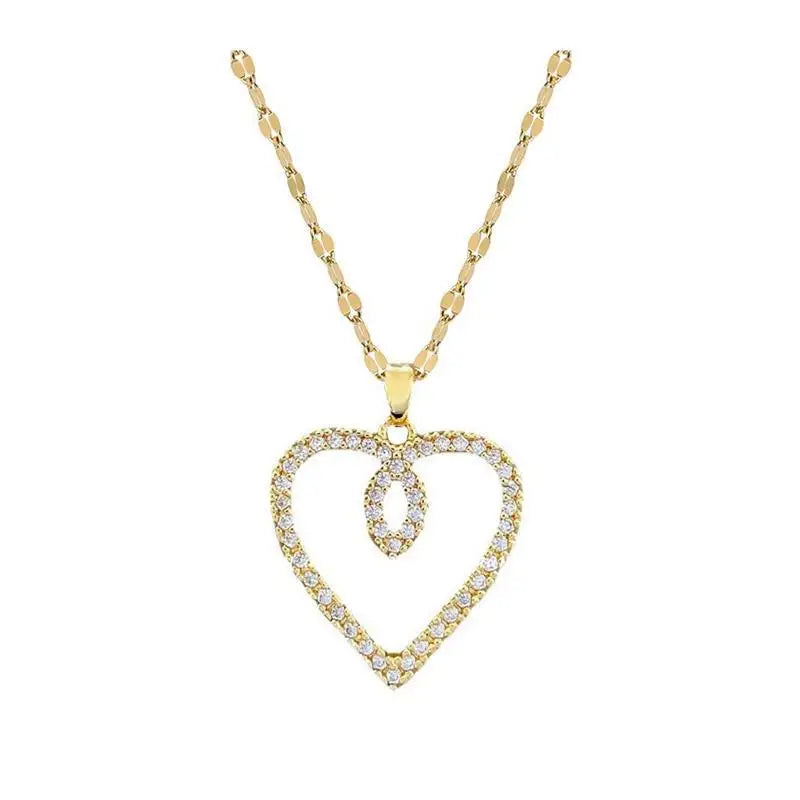 Trendy Heart Pendant Necklace – Gold Stainless Steel with Zirconia Accent