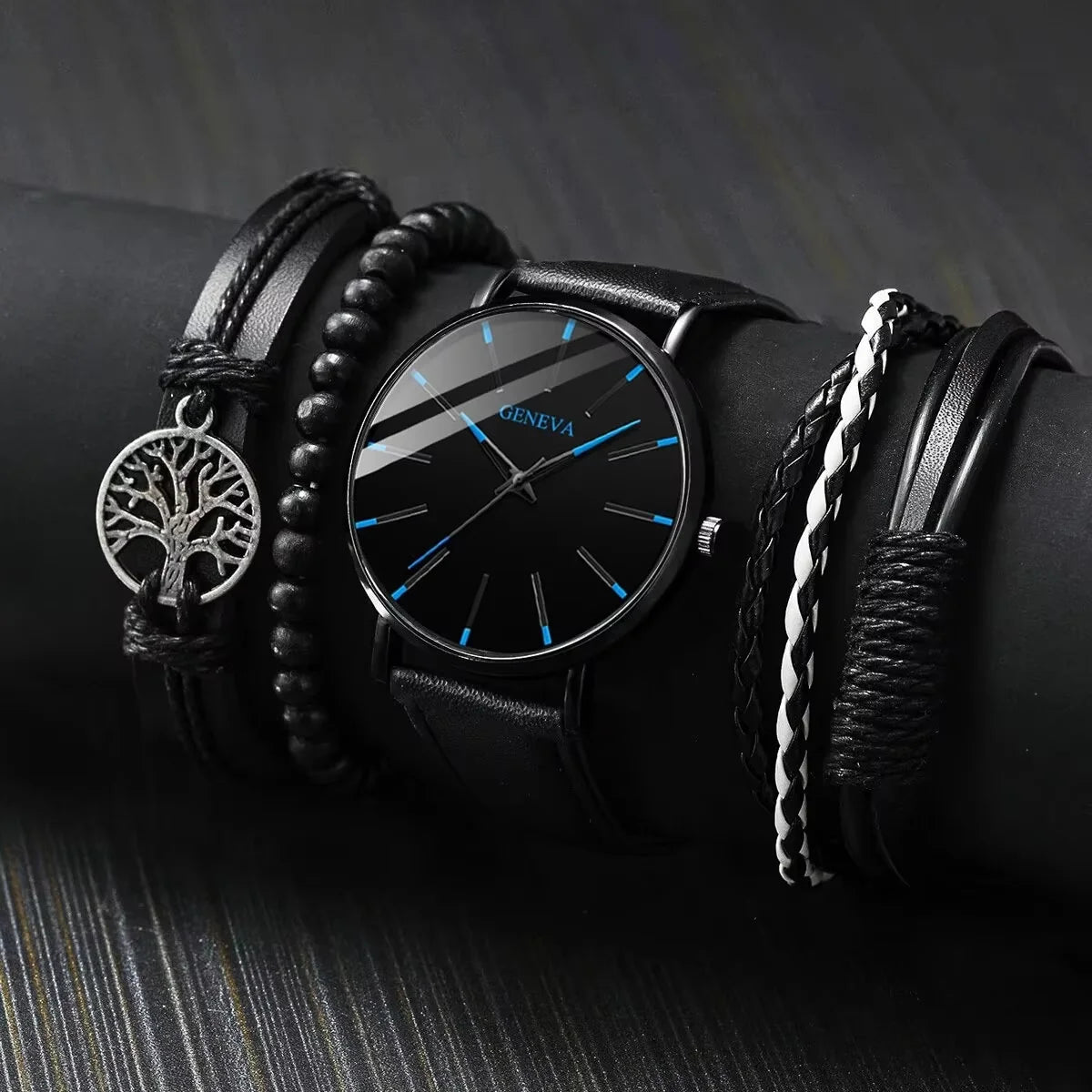 4PCS Men’s Brown Leather Watch & Bracelet Gift Set