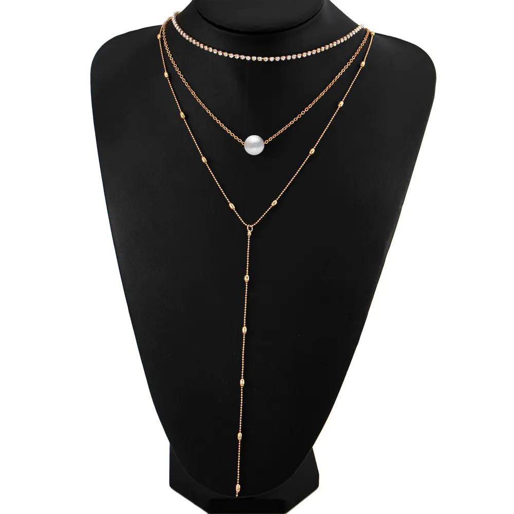 Elegant Pearl Layered Necklace with Crystal Pendant