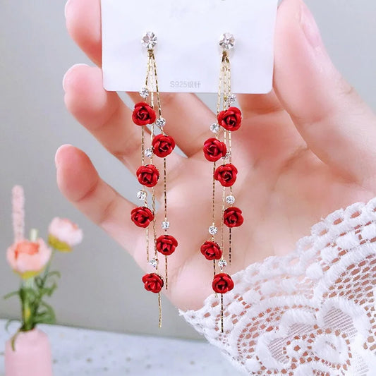 Red Rose Rhinestone Drop Earrings – Vintage-Inspired Design