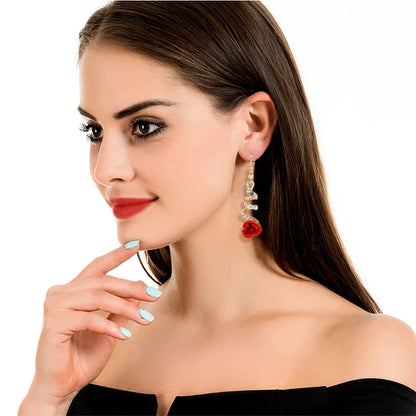 Red Rose Rhinestone Drop Earrings – Vintage-Inspired Design