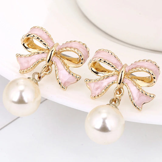 Pearl Bowknot Drop Earrings – Pink Accent