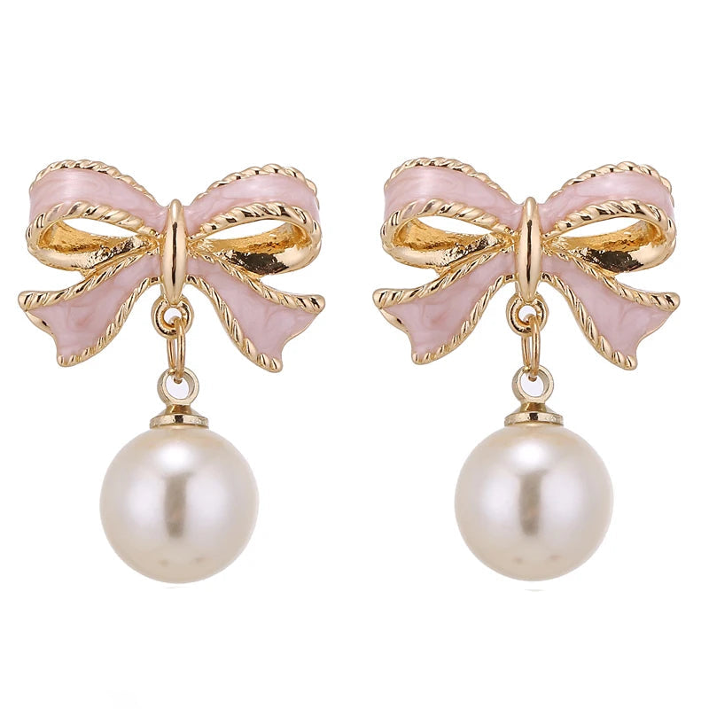 Pearl Bowknot Drop Earrings – Pink Accent