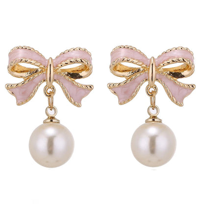 Pearl Bowknot Drop Earrings – Pink Accent