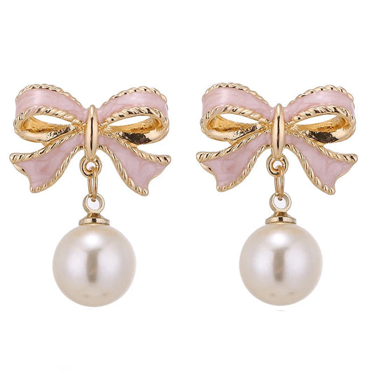 Pearl Bowknot Drop Earrings – Pink Accent