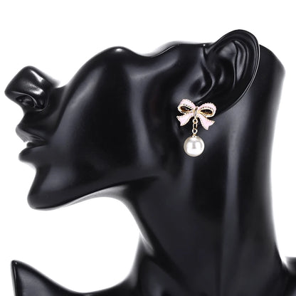 Pearl Bowknot Drop Earrings – Pink Accent