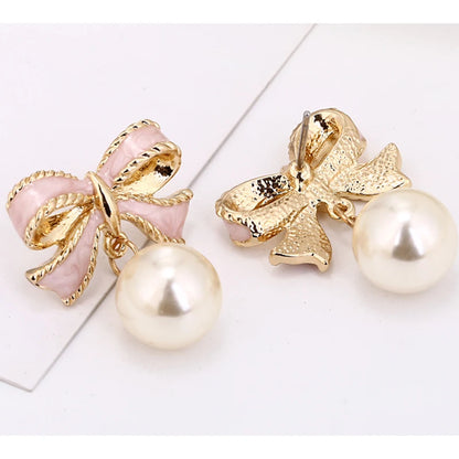 Pearl Bowknot Drop Earrings – Pink Accent