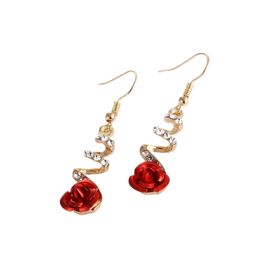 Red Rose Rhinestone Drop Earrings – Vintage-Inspired Design