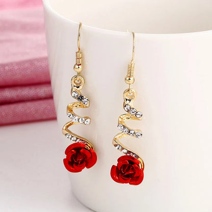Red Rose Rhinestone Drop Earrings – Vintage-Inspired Design