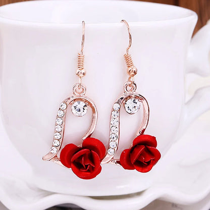 Red Rose Rhinestone Drop Earrings – Vintage-Inspired Design
