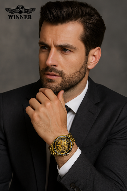 Winner™ Skeleton Dial Gold Watch – Self-Winding Luxury