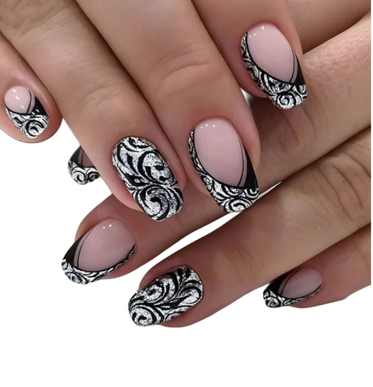 French Black Line Design Nails (24-Piece Set)