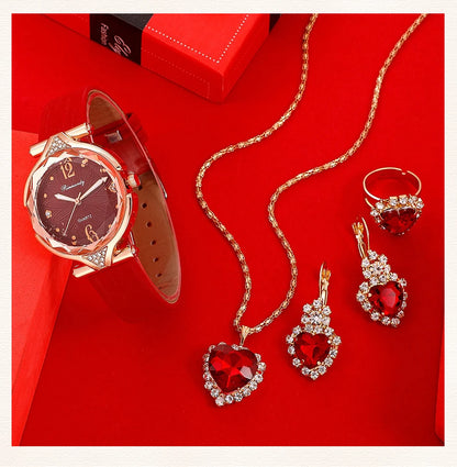 Women's 5PCS Leather Band Watch & Jewelry Set – Casual Elegance