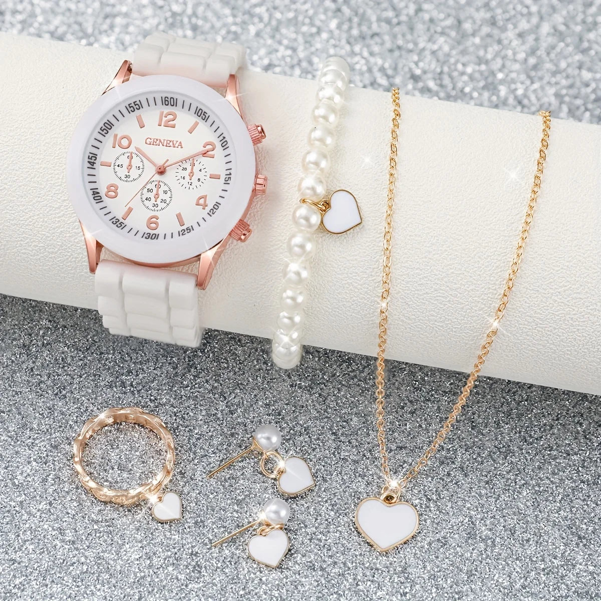 Women's 6PCS Quartz Watch & Heart Pearl Jewelry Set – White Silicone Edition
