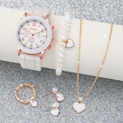 Women's 6PCS Quartz Watch & Heart Pearl Jewelry Set – White Silicone Edition