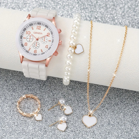 Women's 6PCS Quartz Watch & Heart Pearl Jewelry Set – White Silicone Edition