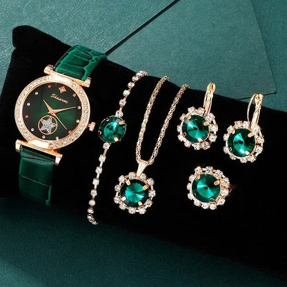 Women's 6PCS Quartz Watch & Jewelry Set – Red, Green, or Black Collection