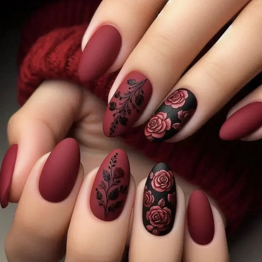 Matte Red Almond Press-On Nails – 24-Piece Set with Rose Leaf Design