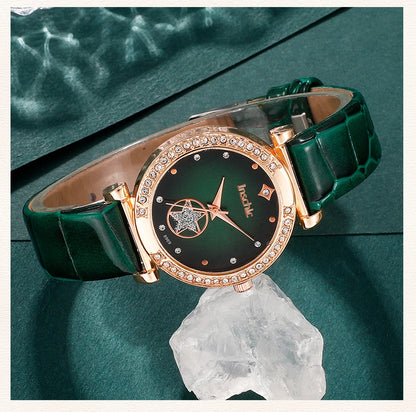 Women's 6PCS Quartz Watch & Jewelry Set – Red, Green, or Black Collection