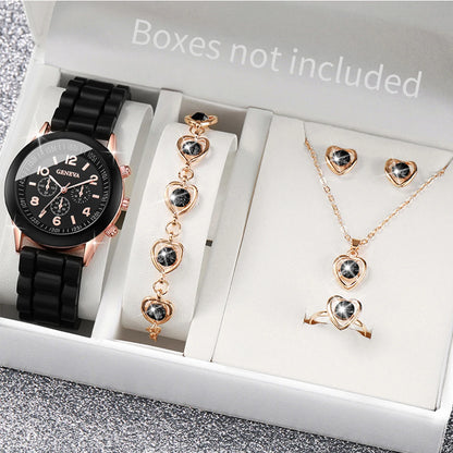 Women's 5PCS Quartz Watch & Jewelry Set – Silicone Band Edition