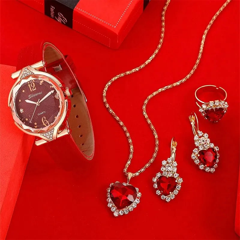 Women's 5PCS Leather Band Watch & Jewelry Set – Casual Elegance
