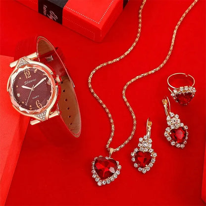 Women's 5PCS Leather Band Watch & Jewelry Set – Casual Elegance