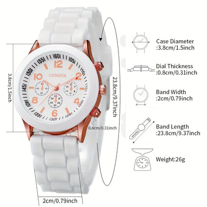 Women's 6PCS Quartz Watch & Heart Pearl Jewelry Set – White Silicone Edition