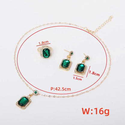 Elegant Quadrate Rhinestone 4-Piece Jewelry Set – Necklace, Earrings, Ring, and Bracelet