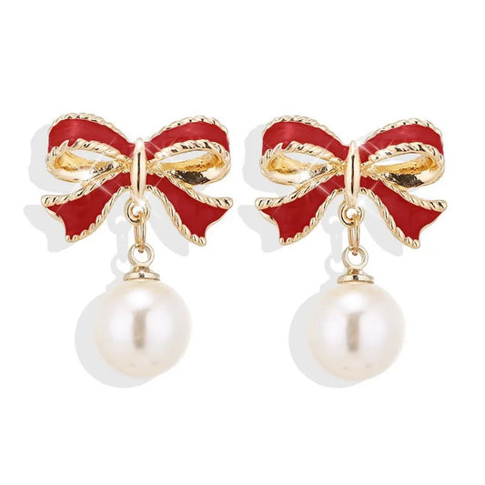 Pearl Bowknot Drop Earrings – Black or Red Accents