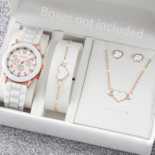 Women's 5PCS Quartz Watch & Jewelry Set – Silicone Band Edition