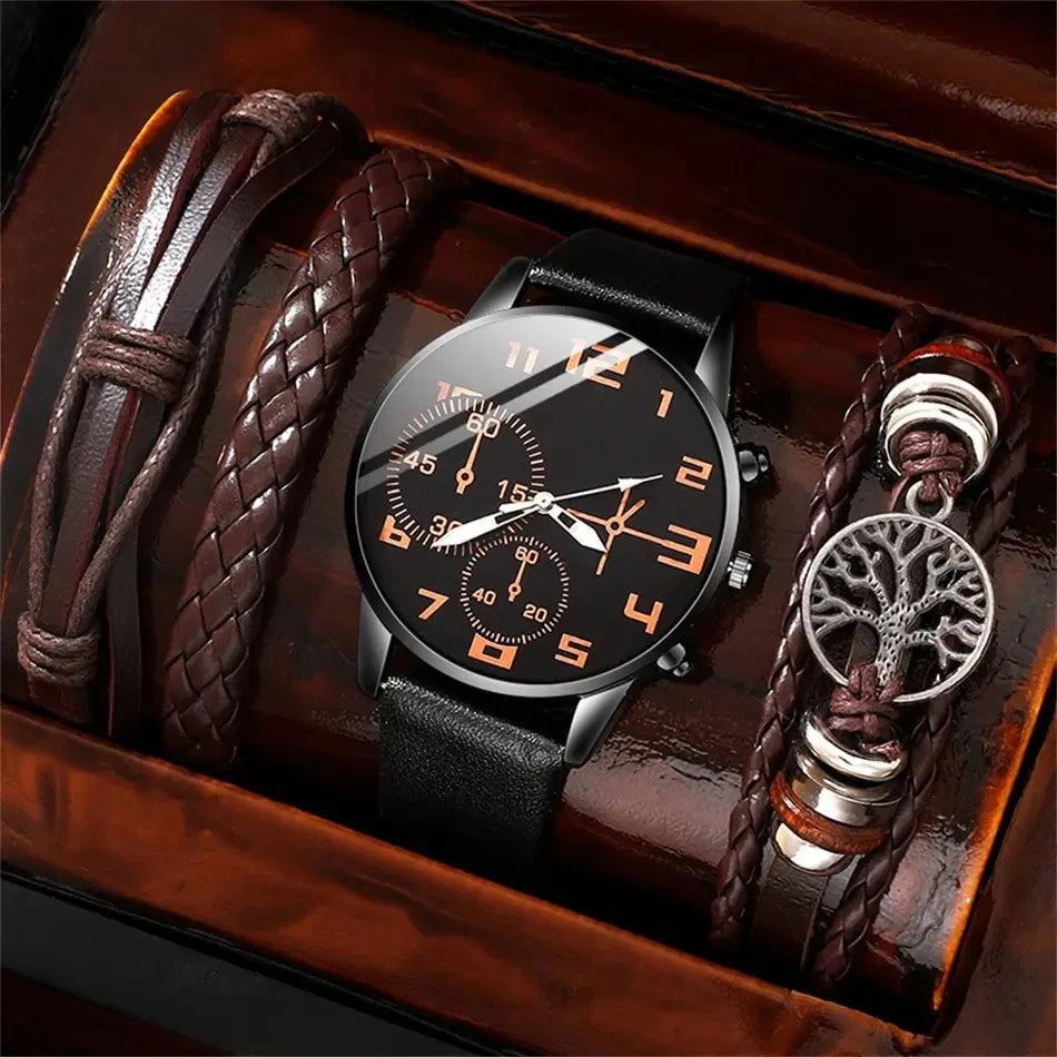 Men’s Retro Leather Watch Set – 5PCS