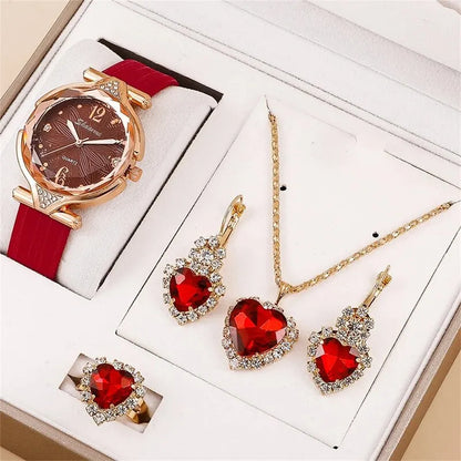 Women's 5PCS Leather Band Watch & Jewelry Set – Casual Elegance