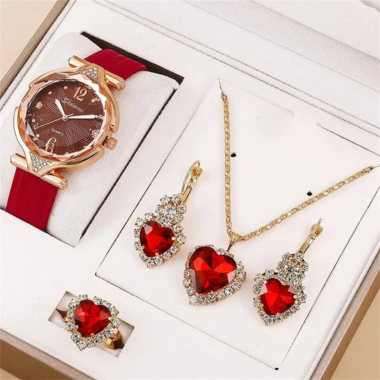 Women's 5PCS Leather Band Watch & Jewelry Set – Casual Elegance