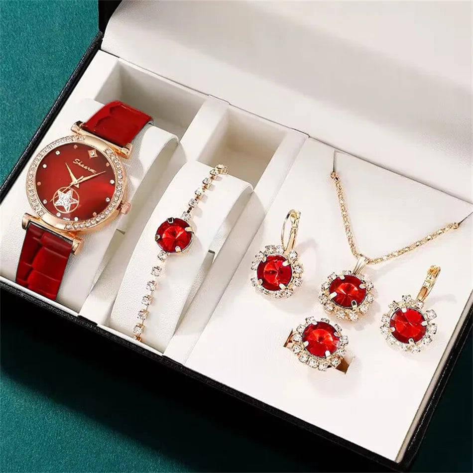 Women's 6PCS Quartz Watch & Jewelry Set – Red, Green, or Black Collection