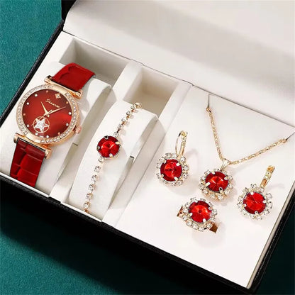 Women's 6PCS Quartz Watch & Jewelry Set – Red, Green, or Black Collection