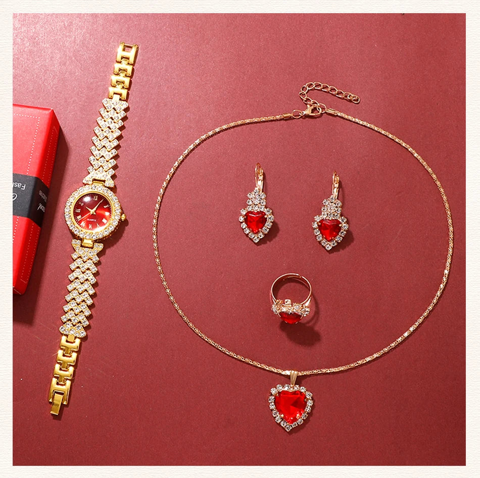Golden Rhinestone Women's Watch & Jewelry Set – 5PCS Collection