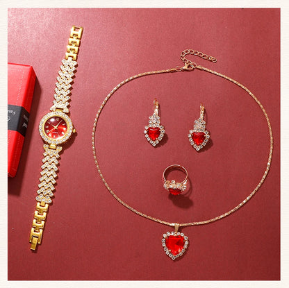 Golden Rhinestone Women's Watch & Jewelry Set – 5PCS Collection