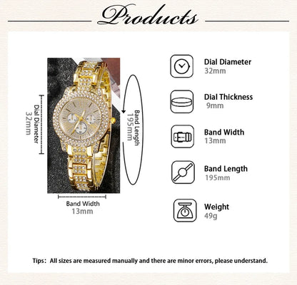 Luxury 6PCS Women's Rhinestone Watch & Jewelry Set