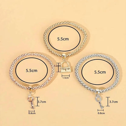 3PCS Rose Gold & Silver Charm Bracelet Set