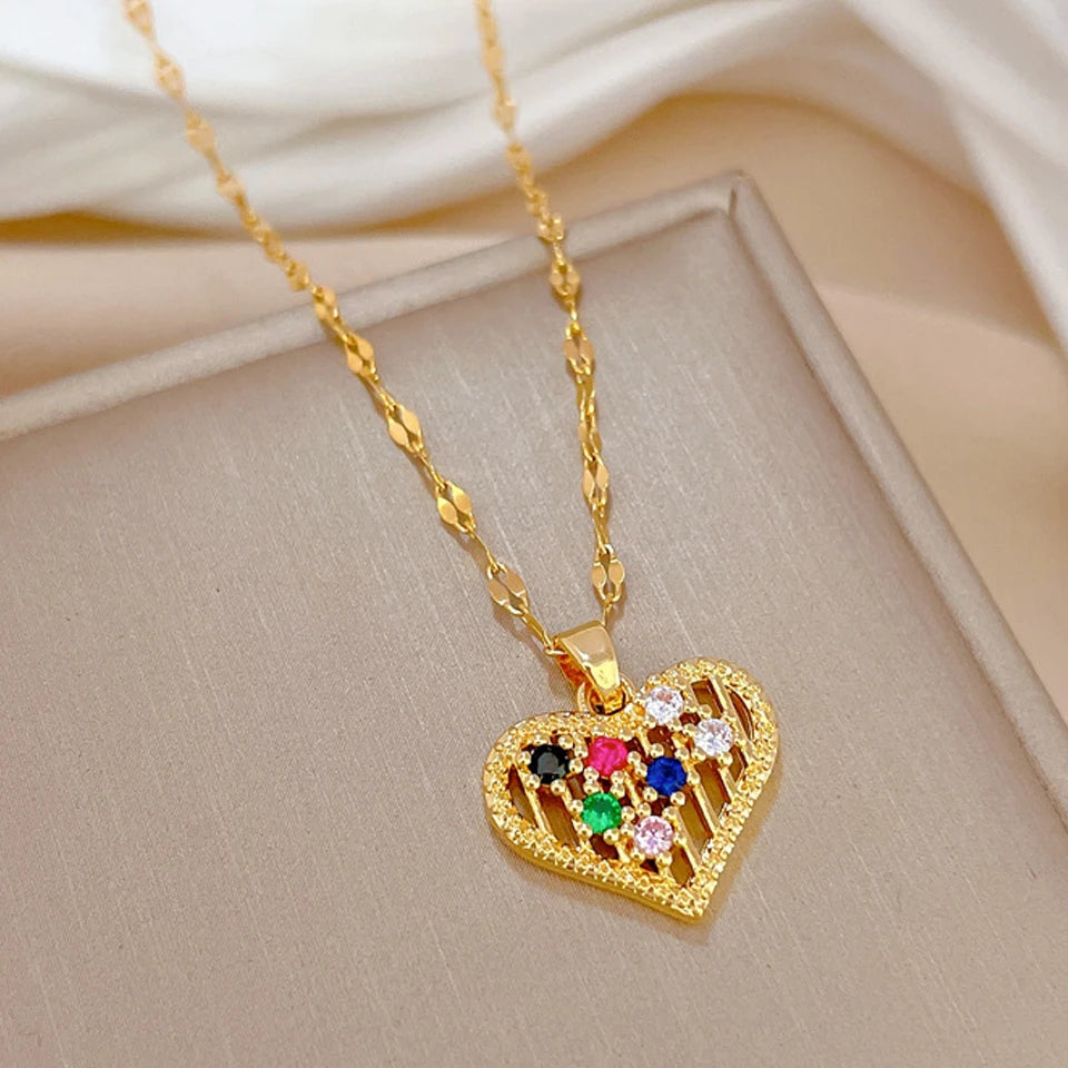 Trendy Heart Pendant Necklace – Gold Stainless Steel with Zirconia Accent